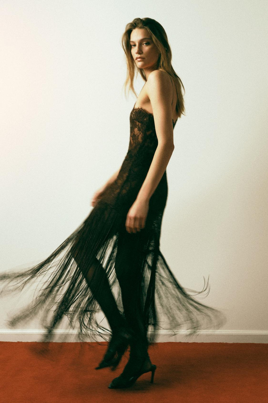 Sheer Lace Fringe Slip Maxi Dress