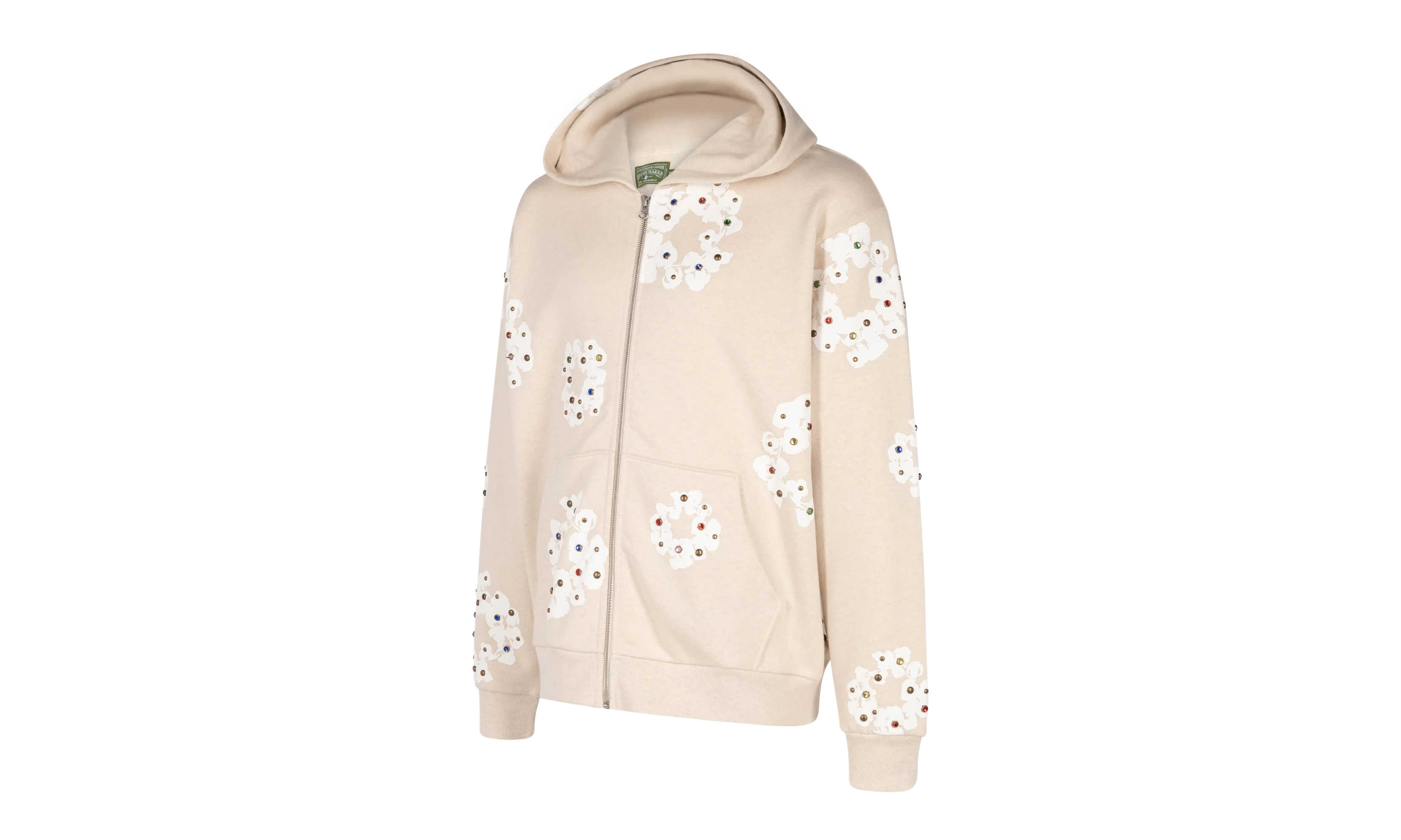 Rhinestone Cotton Wreath Zip Hoodie "Oatmeal" DT027