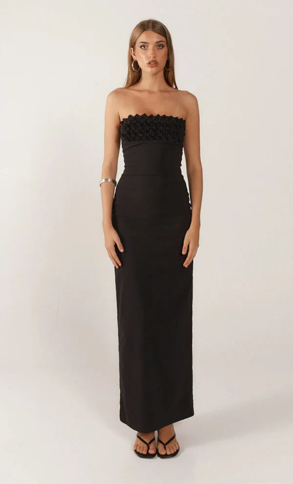 Black Floral Column Evening Gown
