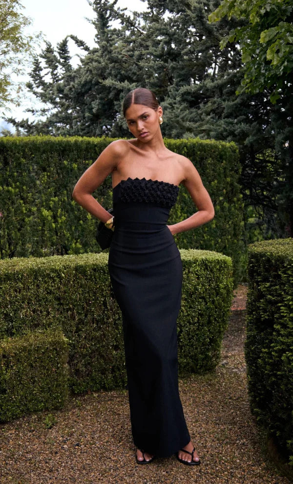 Black Floral Column Evening Gown