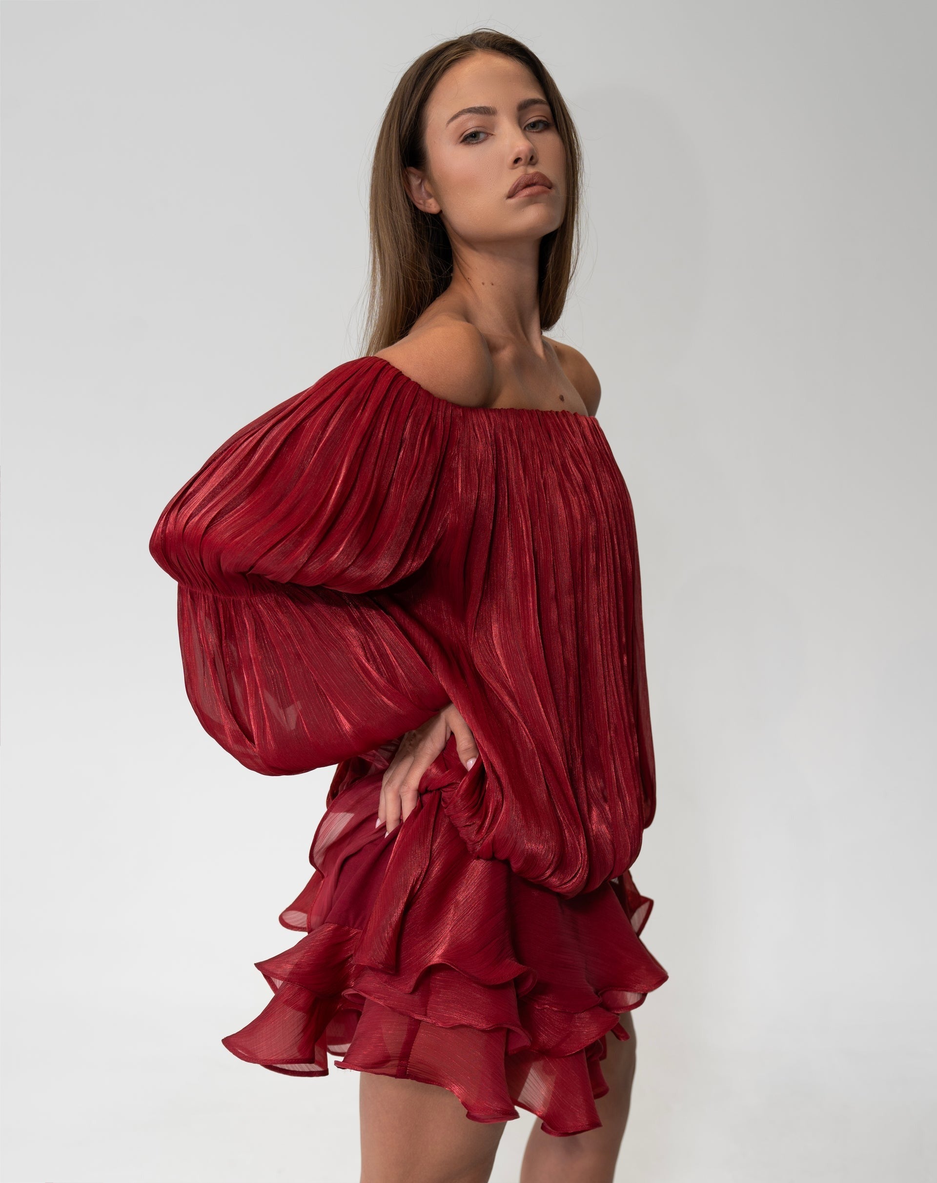 Elora Ruffle Mini Dress - Burgundy