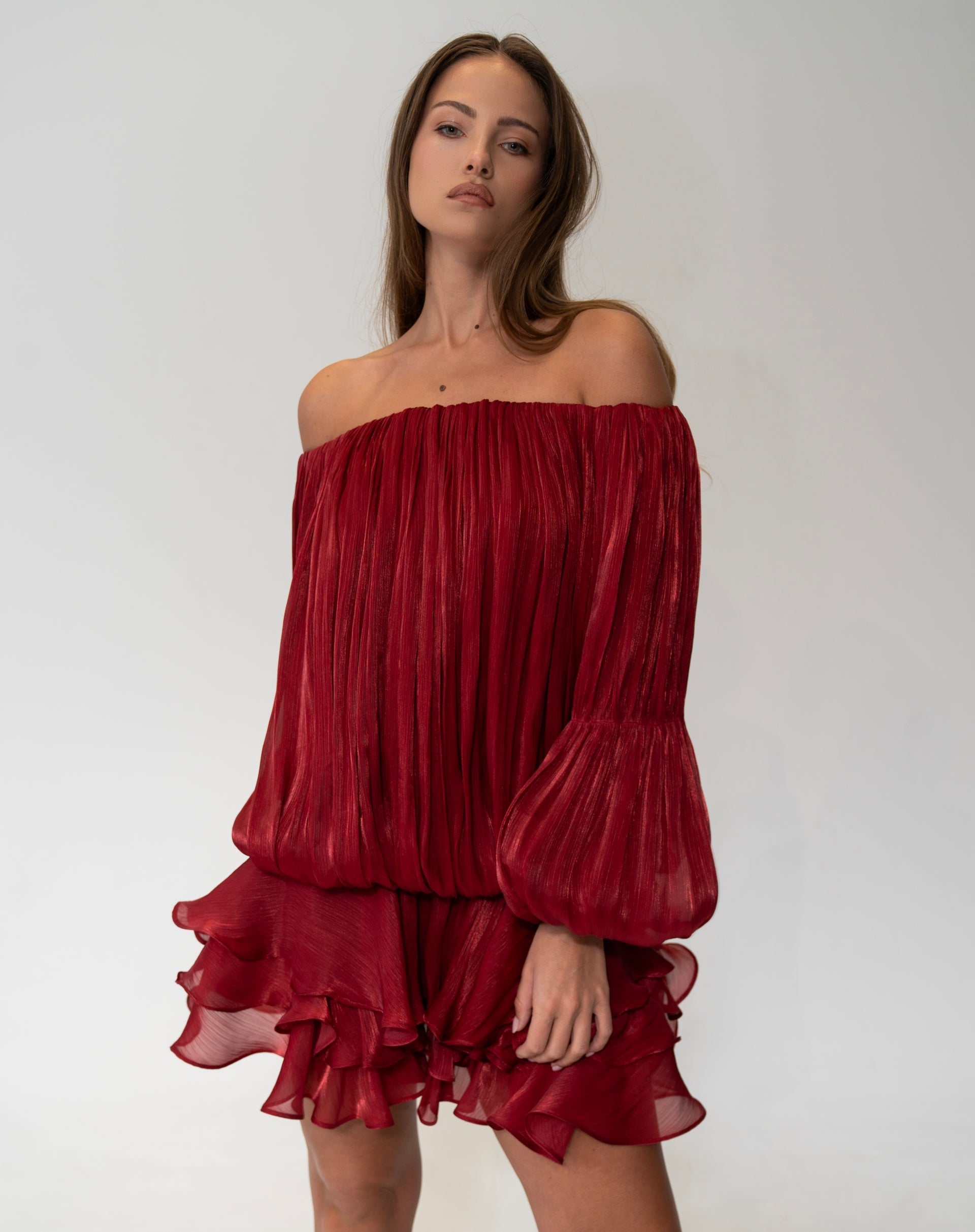 Elora Ruffle Mini Dress - Burgundy