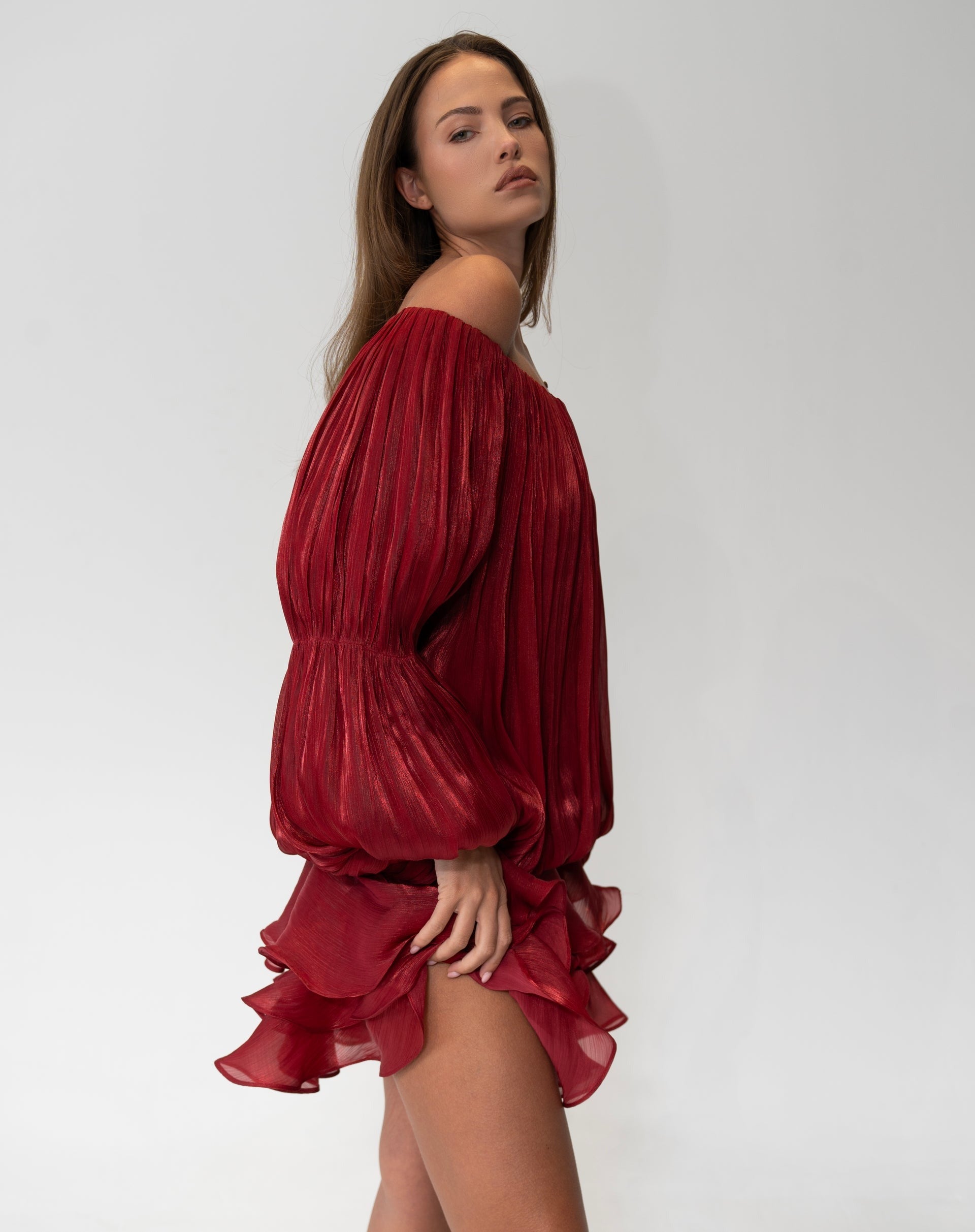 Elora Ruffle Mini Dress - Burgundy