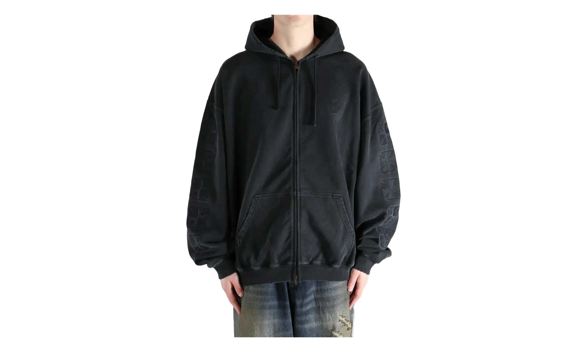 Embroidered Biker Cross Sleeves Zip Up Hoodie "Black" ME76ZU169B BLAC