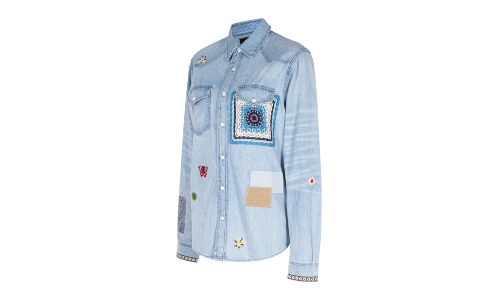 Crochet And Patch Denim Shirt "Blue" XTPS 0219