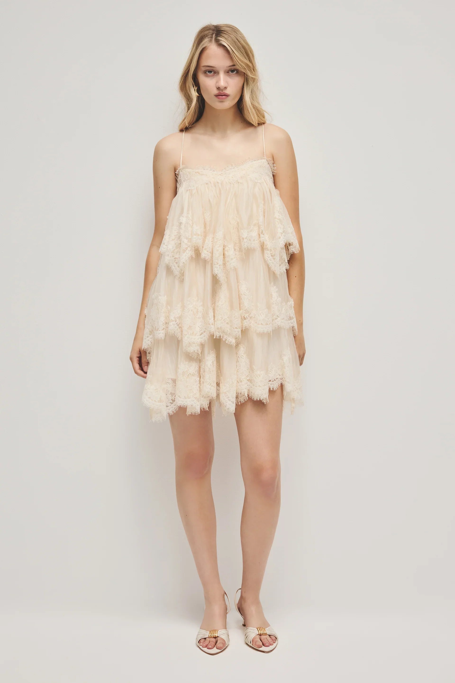 Champagne Lace Tiered Mini Dress