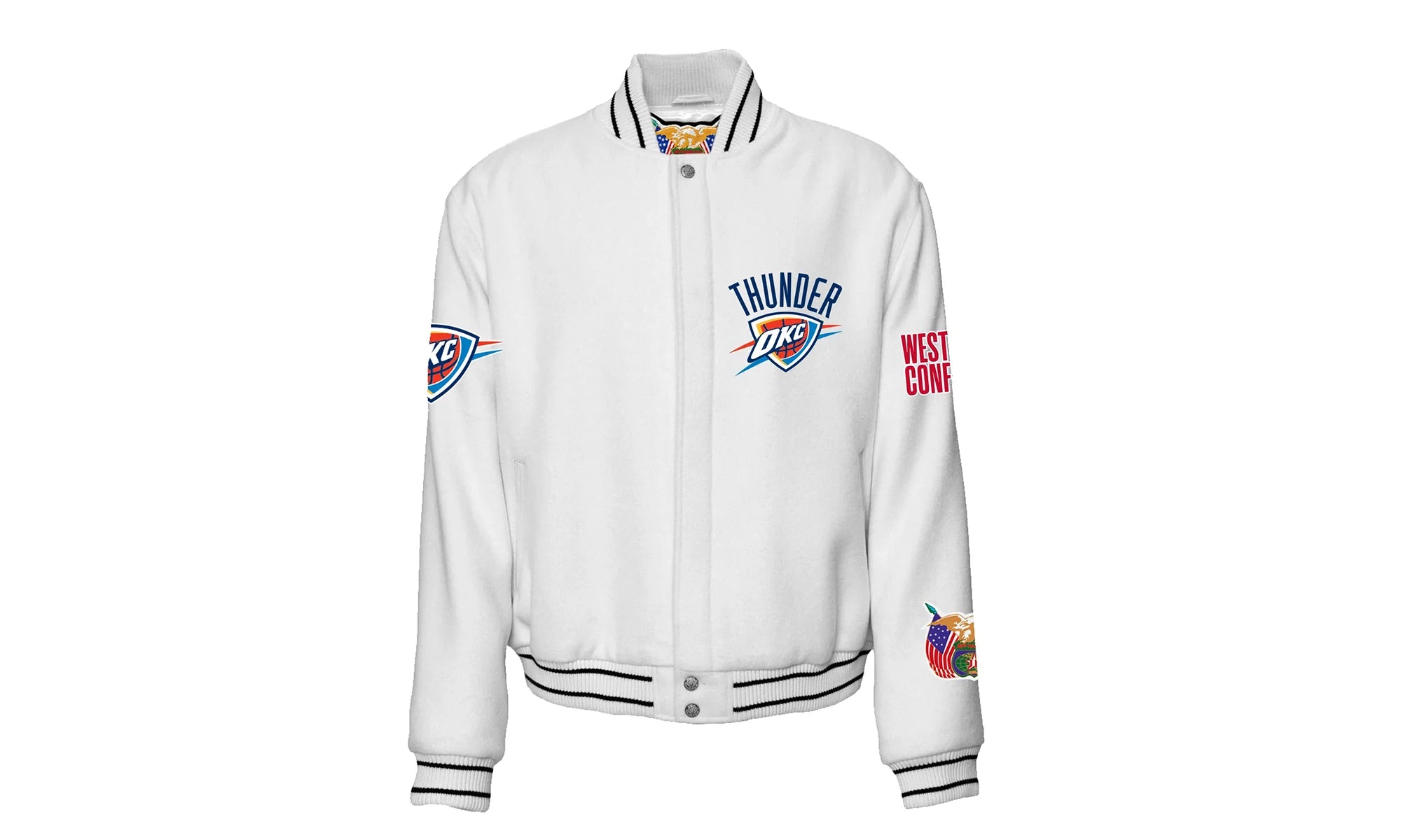 OKLAHOMA CITY THUNDER WOOL VARSITY JACKET Vegan "White" NBA OKL THU 106