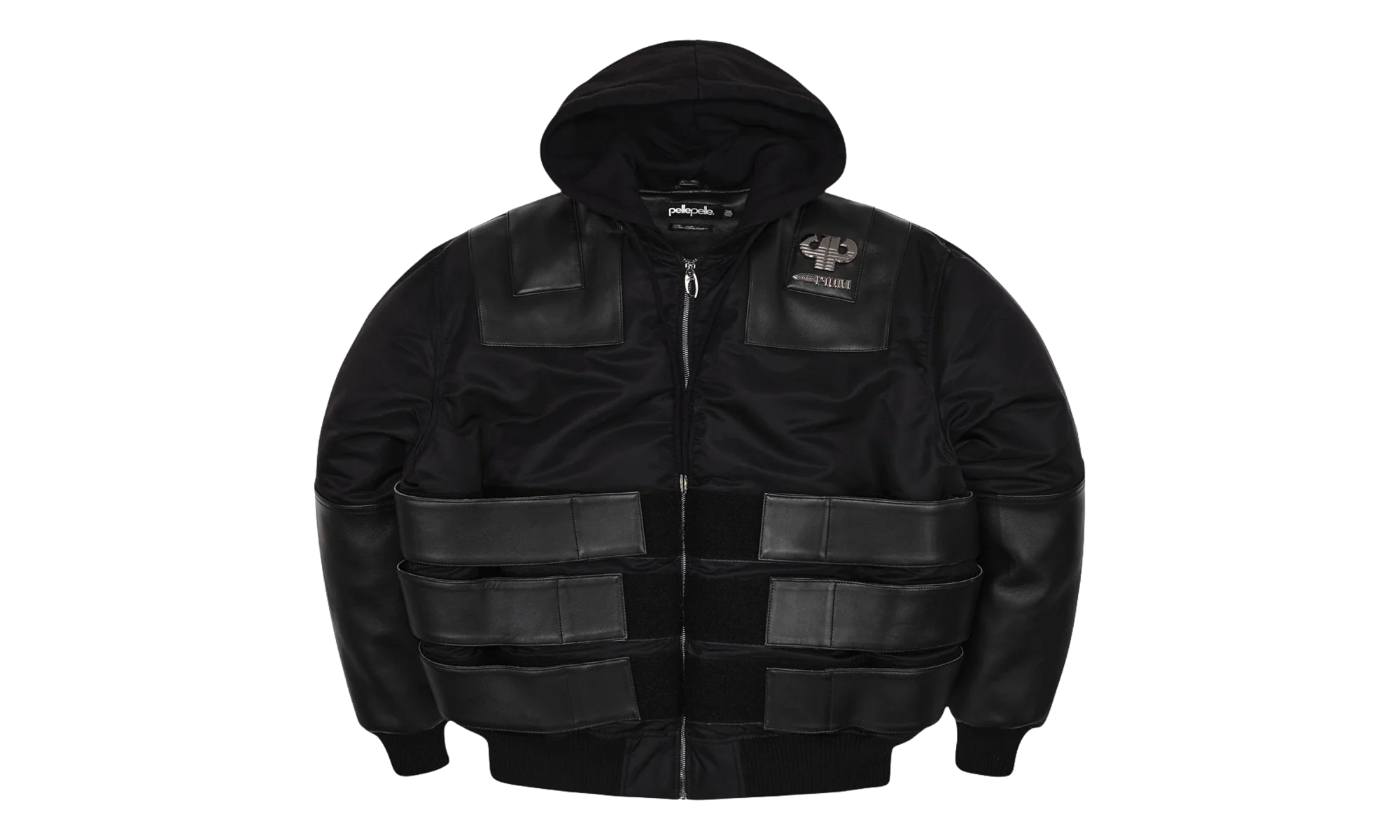 Opium K9 Dogbiter Hooded Leather Bomber Jacket "Black Silver" PP028