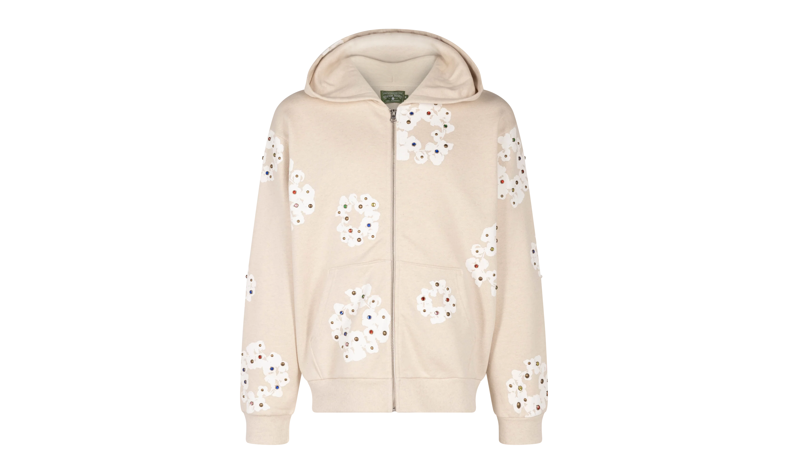 Rhinestone Cotton Wreath Zip Hoodie "Oatmeal" DT027