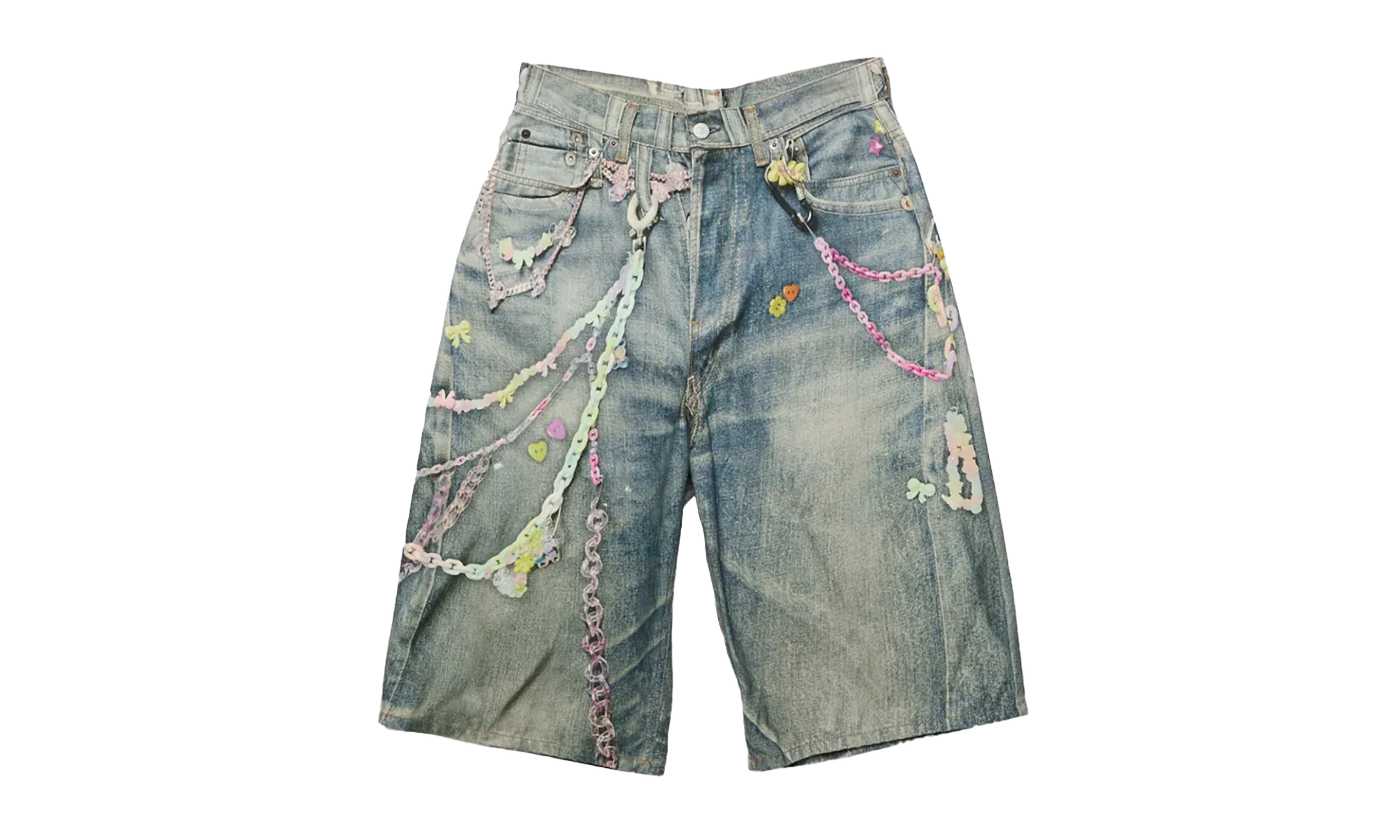 Loose Fit Denim Shorts "Trompe L'oeil Keychains Print" FN MN SHOR000264 MID INDIGO