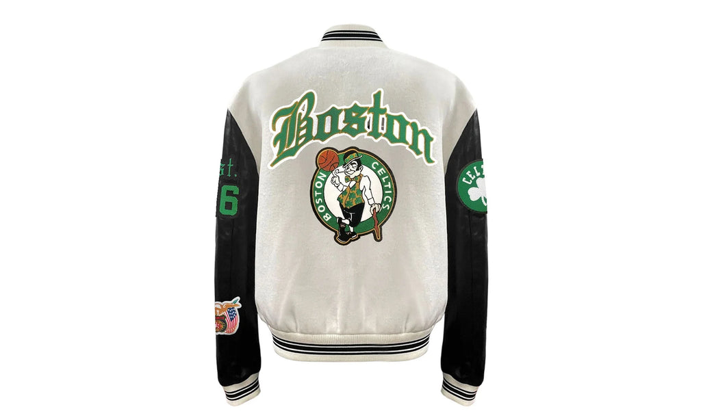 Boston Celtics Wool & Leather Old English Varsity Jacket "White" NBA BOS CEL 101