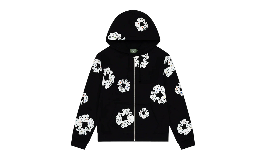 Cotton Wreath Rhinestone Studded Zip Hooded Sweatshirt "Black White" DT591