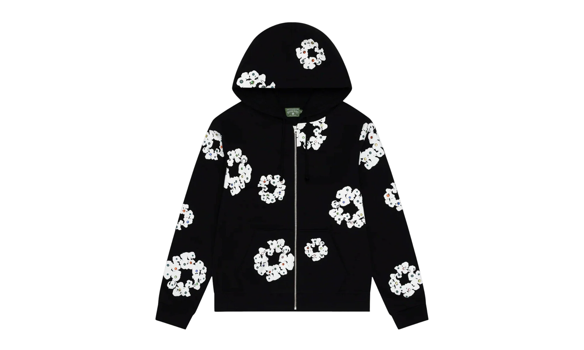 Cotton Wreath Rhinestone Studded Zip Hooded Sweatshirt "Black White" DT591