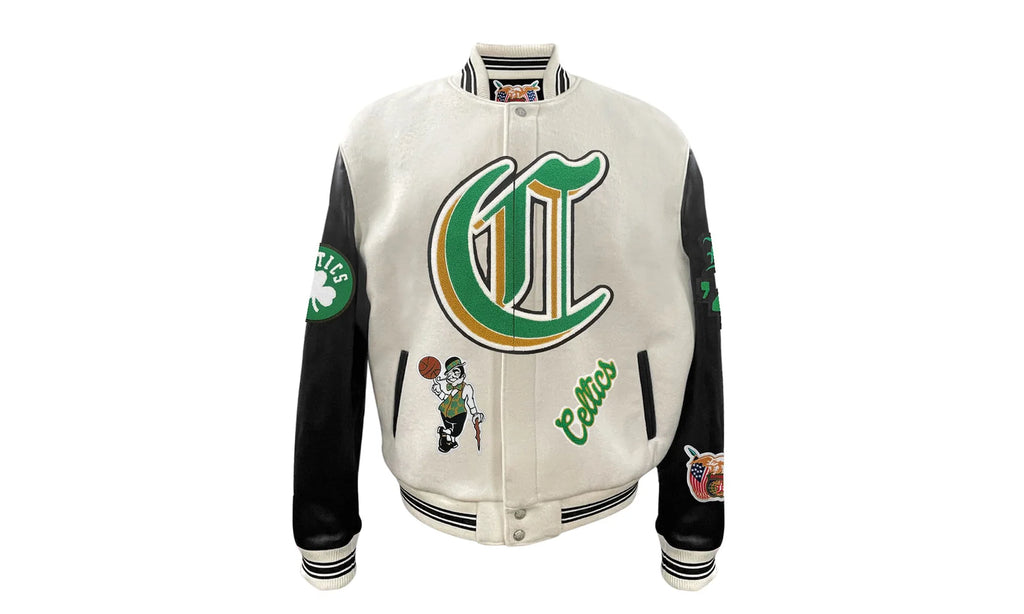 Boston Celtics Wool & Leather Old English Varsity Jacket "White" NBA BOS CEL 101
