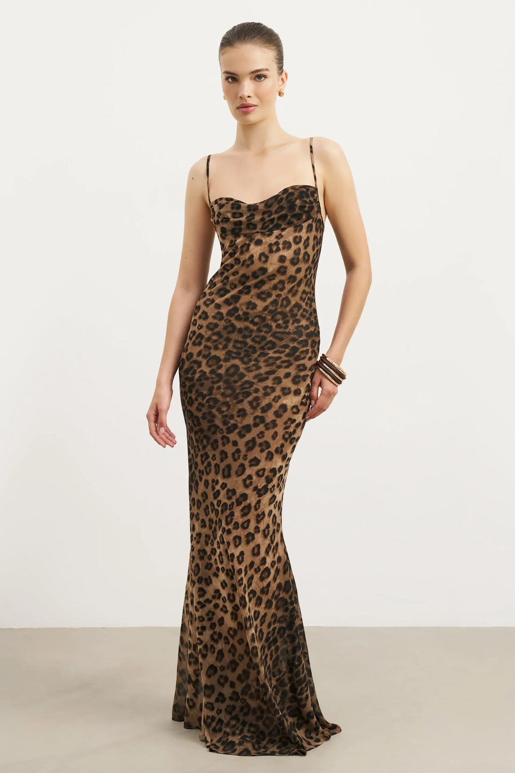 Leopard Drape Open Back Fishtail Gown
