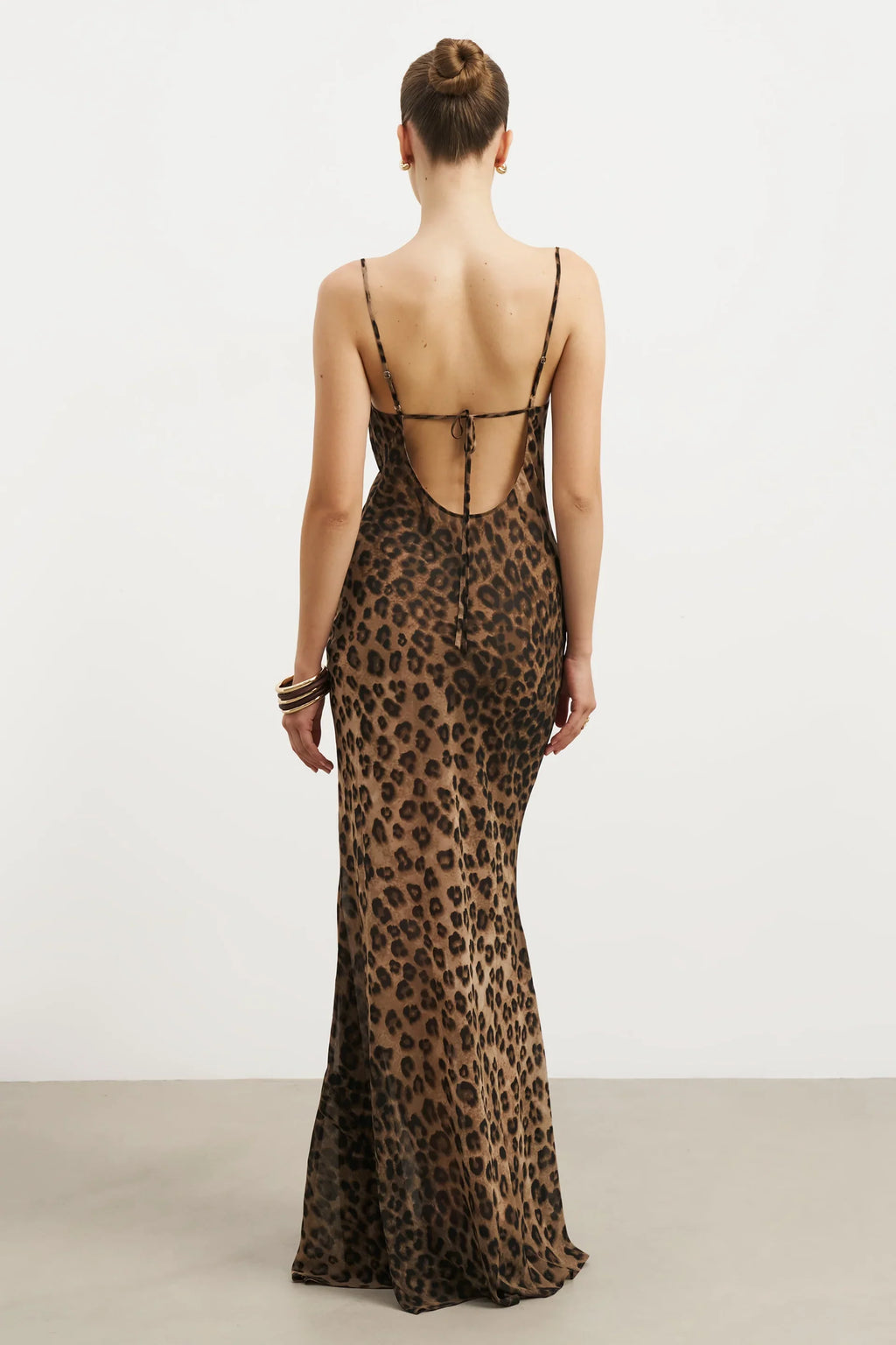 Leopard Drape Open Back Fishtail Gown