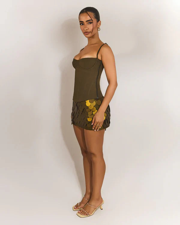 Olive Stardust Sequin Mini Skirt