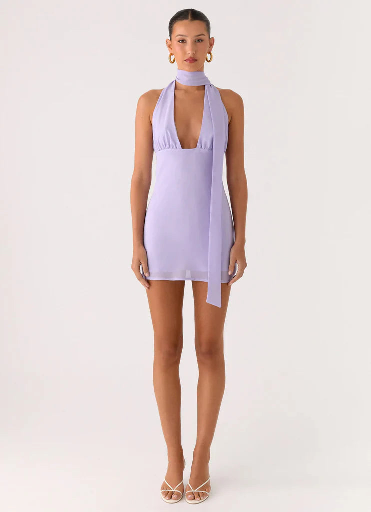 Sienna Deep V Halter Mini Dress - Purple