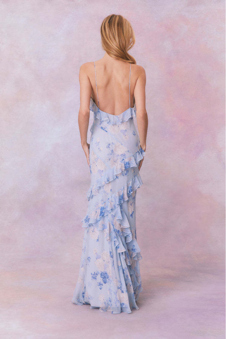 Lunar Blue Floral Ruffle Chiffon Maxi Dress - Moonlit Whisper Edition
