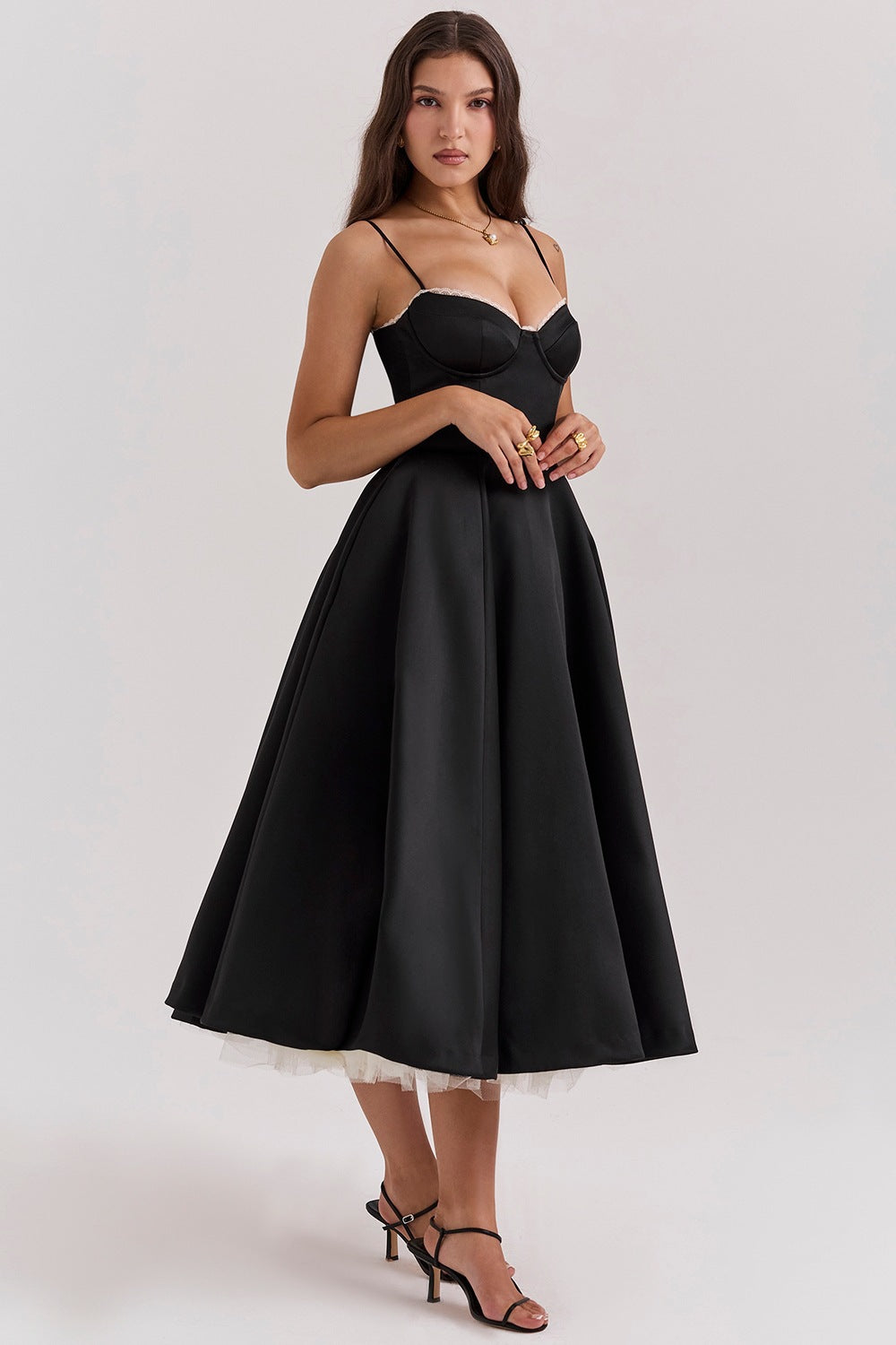 Black Satin Corset Midi Dress