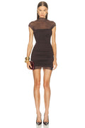 Brown Mesh Mock-Neck Bodycon Mini Dress