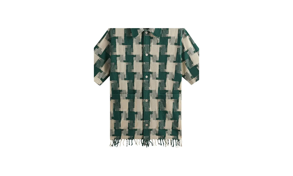 Jumbo Houndstooth Boxy Collared Overshirt "Green" KHM032169 308