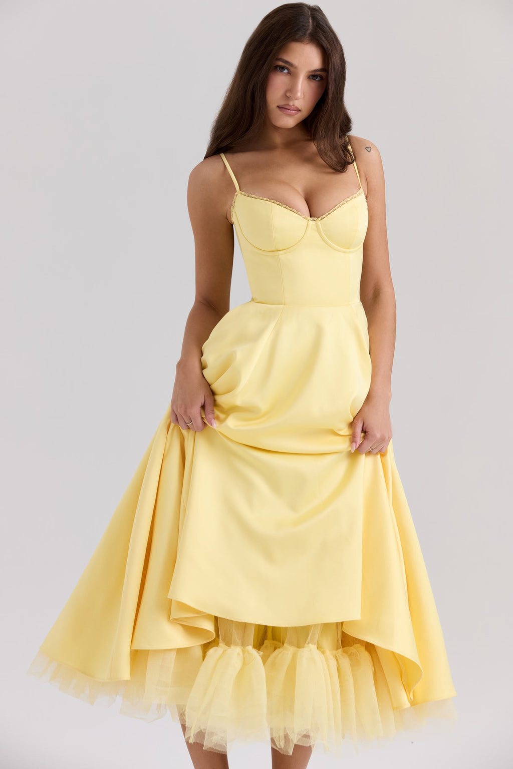 Yellow Satin Corset Midi Dress