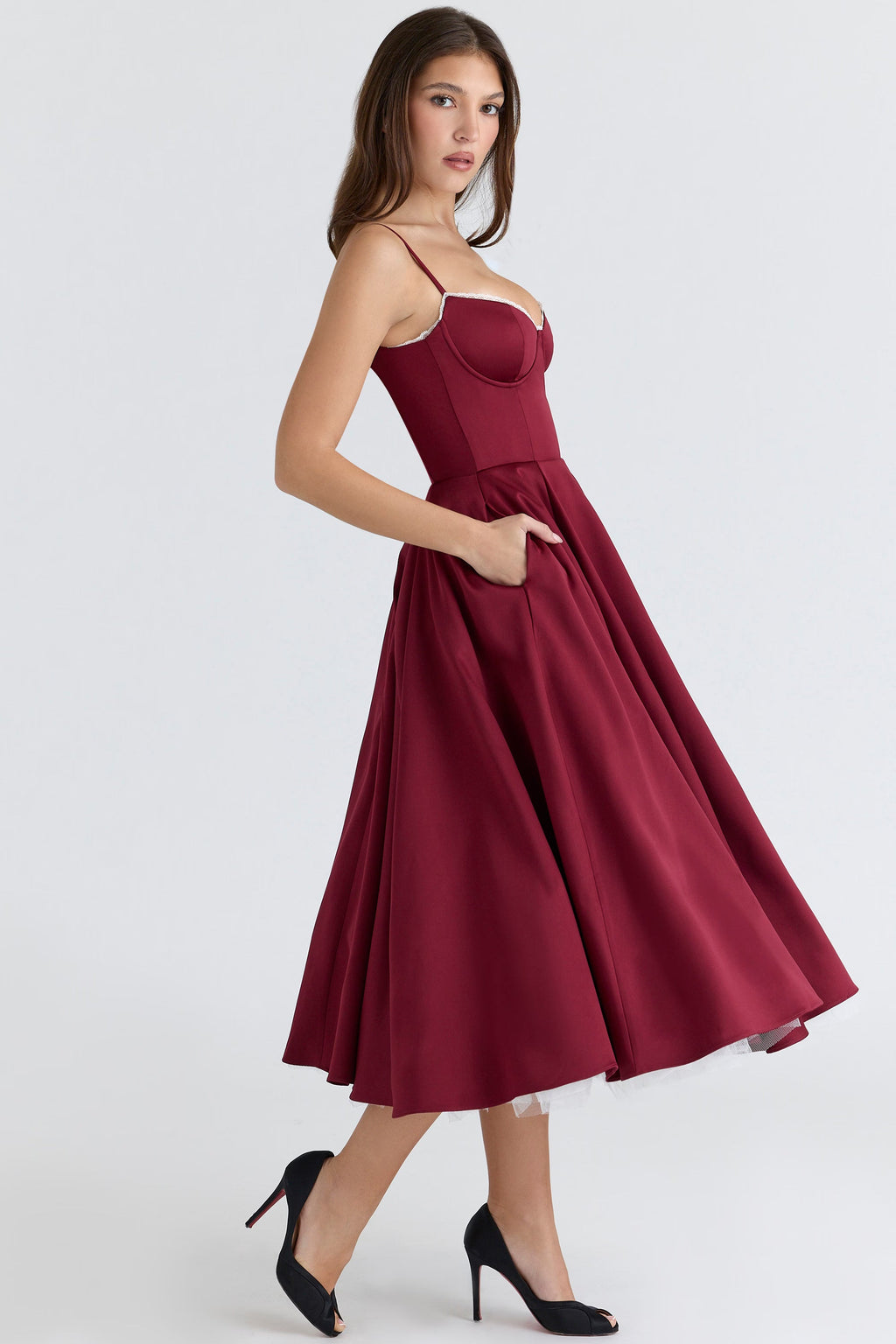 Burgundy Satin Corset Midi Dress