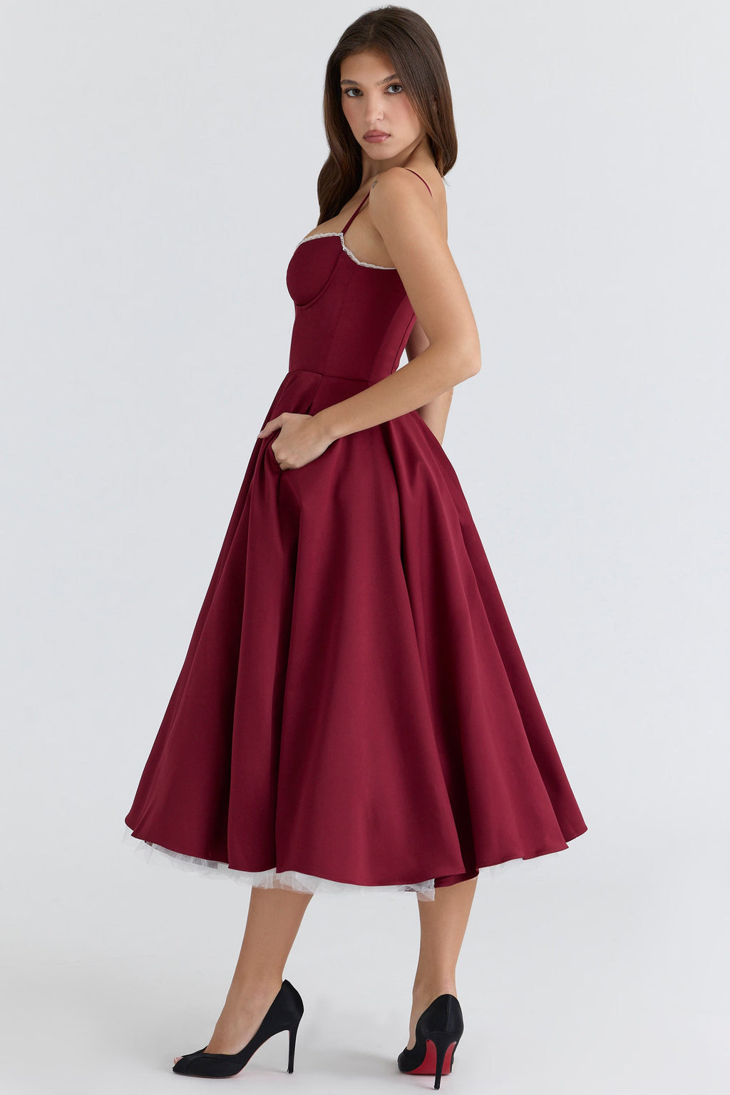 Burgundy Satin Corset Midi Dress