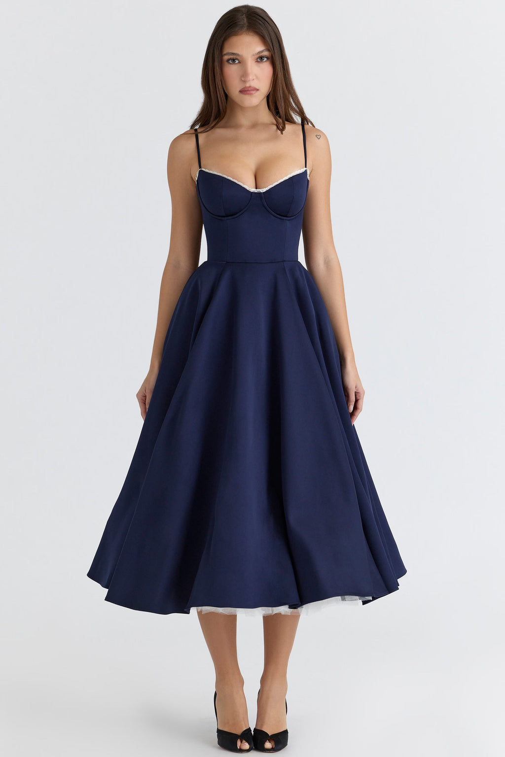 Navy Satin Corset Midi Dress